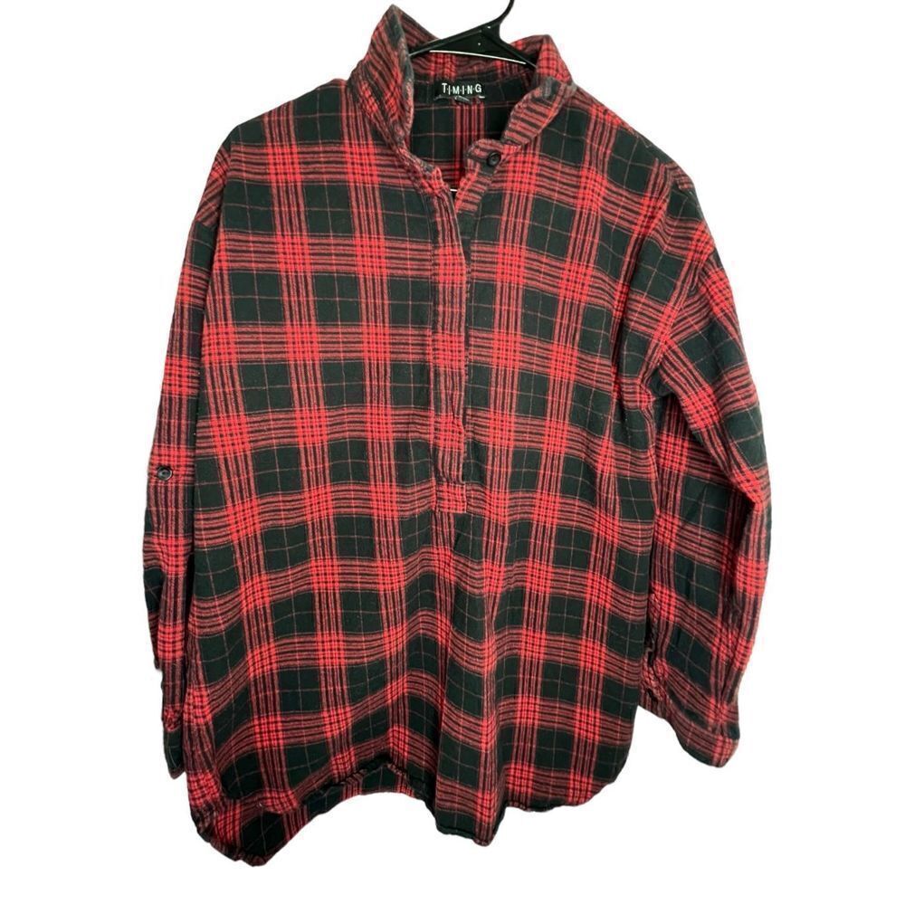 Timing Long Sleeve Red and Black Half Button Up Flannel T-Shirt